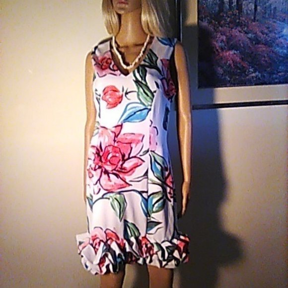 Beautiful Floral Dress 8 Sleeveless Donna Ricco New York Ruffled Bottom Tropical - Picture 1 of 8